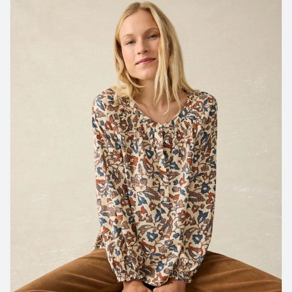 Faherty Linen Floral Blouse Long Sleeve Peasant Top Size S - Picture 1 of 9
